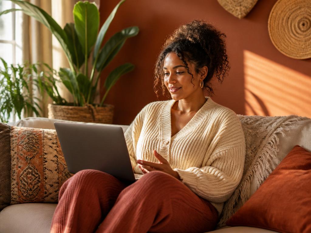 A person of color having a comfortable telehealth session at home on a laptop in a warm, sunlit room